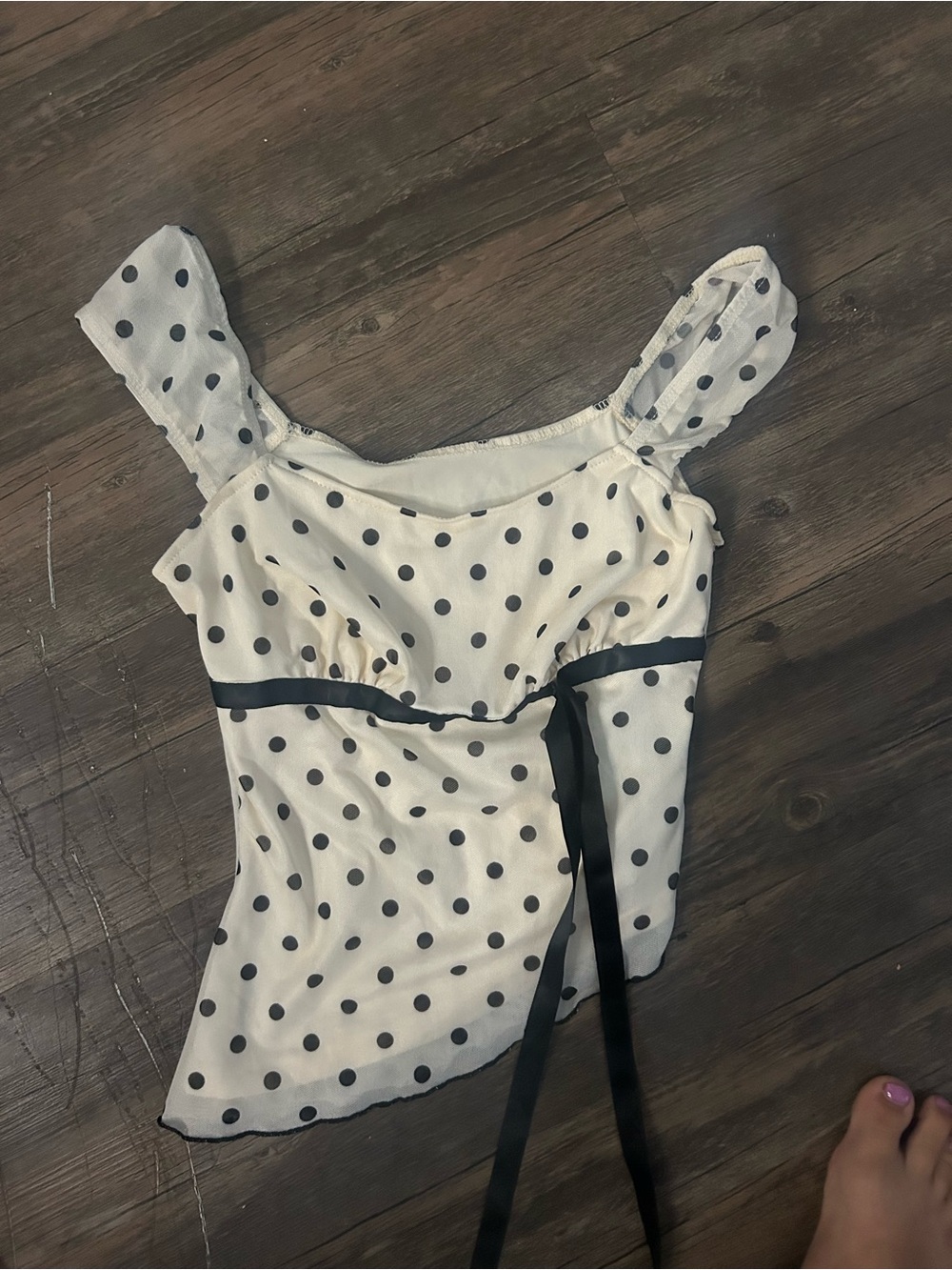 Polka Dot Tie-Waist Women’s Top in Cream with Black Dots